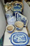 VARIOUS BLUE AND WHITE MODERN CERAMICS, to include 'Willow' pattern dish, a warming platter, table