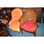 A VICTORIAN WALNUT ORANGE UPHOLSTERED BUTTONED BACK BEDROOM CHAIR, together with a reproduction