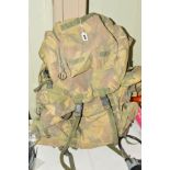 A CURRENT BRITISH ARMY ISSUE 'BERGEN' BACK PACK, in regulation camo, all complete and marked in