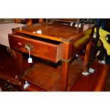 A REPRODUCTION YEWWOOD CAMPAIGN SIDE TABLE with a single drawer and under shelf