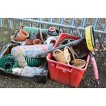 THREE VARIOUS BOXES OF SMALL TERRACOTTA POTS, wicker baskets, hanging basket, chicken wire etc (3)