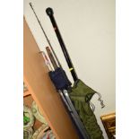 THREE FIBRE GLASS TWO SECTION FISHING RODS, together with a tripod stand (4)