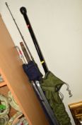 THREE FIBRE GLASS TWO SECTION FISHING RODS, together with a tripod stand (4)