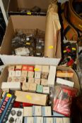 THREE BOXES OF VINTAGE VACUUM TUBES (THERMIONIC VALVES), boxed and loose from makers like Mullard,