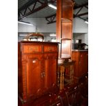 TWO VARIOUS MAHOGANY HI FI CABINETS, an oak nest of three tables, a pair of Edwardian chairs, a