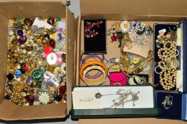 TWO BOXES OF MAINLY COSTUME JEWELLERY to include an egg shape pendant enclosing a bird, an