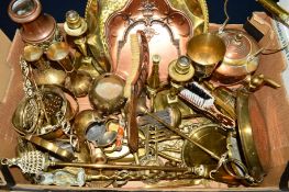 A BOX OF COPPER AND BRASSWARE, including trays, crumb tray and brush, etc