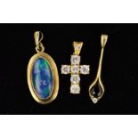 THREE PENDANTS, the first of oval outline set with an opal double (cracked with water damage),