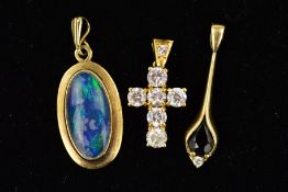 THREE PENDANTS, the first of oval outline set with an opal double (cracked with water damage),