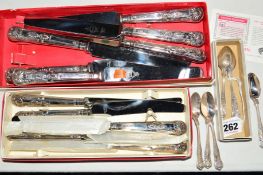 TWO BOXED SETS OF SIX AND FIVE SILVER HANDLED KINGS PATTERN TABLE KNIVES, two sizes, stainless