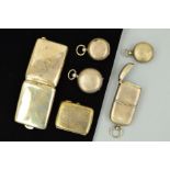 FOUR LATE 19TH TO EARLY 20TH CENTURY SILVER SOVEREIGN HOLDERS AND TWO SMALL CIGARETTE CASES to