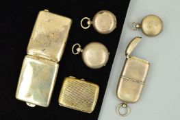 FOUR LATE 19TH TO EARLY 20TH CENTURY SILVER SOVEREIGN HOLDERS AND TWO SMALL CIGARETTE CASES to