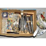 A SMALL BOX OF MISCELLANEOUS ITEMS, to include a selection of costume jewellery necklaces,
