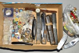 A SMALL BOX OF MISCELLANEOUS ITEMS, to include a selection of costume jewellery necklaces,