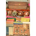 TWO BOXES OF SUNDRY ITEMS to include three copper hanging oil lamps, books, cutlery, musical