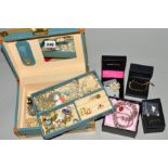 A SELECTION OF COSTUME JEWELLERY to include a vintager jewellery box, a Delft brooch, a carved