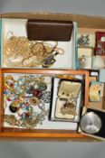 A BOX OF MAINLY COSTUME JEWELLERY to include a carnelian and marcasite brooch, a Hollywood flower
