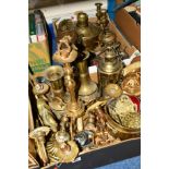 TWO BOXES OF METALWARES, to include horse brasses, light fittings, vases, candlesticks etc