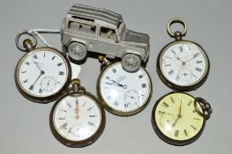 FIVE POCKET WATCHES, INCLUDING A SILVER OMEGA AND A MINIATURE, the pocket watches all with Roman