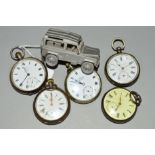 FIVE POCKET WATCHES, INCLUDING A SILVER OMEGA AND A MINIATURE, the pocket watches all with Roman