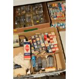 THREE TRAYS OF VINTAGE VACUUM TUBES (THERMIONIC VALVES), some in original boxes and some loose