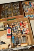 THREE TRAYS OF VINTAGE VACUUM TUBES (THERMIONIC VALVES), some in original boxes and some loose