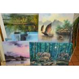 NINE OIL PAINTINGS ON CANVAS to include, topographical views of China, seascapes, a continental