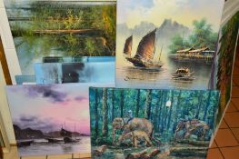 NINE OIL PAINTINGS ON CANVAS to include, topographical views of China, seascapes, a continental