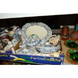 FIVE BOXES AND LOOSE CERAMICS, GLASSWARES etc, to include majolica style leaf plates, blue and white