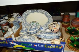 FIVE BOXES AND LOOSE CERAMICS, GLASSWARES etc, to include majolica style leaf plates, blue and white