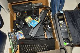 A BOX OF VINTAGE ELECTRONICS, including a Sinclair ZX Spectrum with five tapes, an IBM Thinkpad both