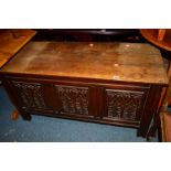 AN EARLY 20TH CENTURY CARVED OAK TRIPLE PANEL COFFER, width 121cm x depth 49cm x height 64cm