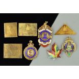 THREE SILVER MEDALLIONS, FOUR SILVER STAMOS AND A BROOCH, the medallions all with enamel detail, the