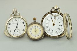 THREE POCKET WATCHES, all with white dials, the first with Arabic numerals and floral engraved