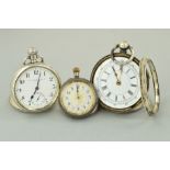 THREE POCKET WATCHES, all with white dials, the first with Arabic numerals and floral engraved