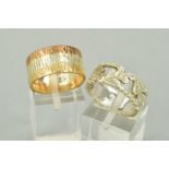 TWO LATE 20TH CENTURY 9CT GOLD BAND RINGS, a three colour gold bark finish wedding band, measuring