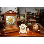 AN EARLY 20TH CENTURY OAK BRACKET CLOCK, with silvered Arabic numerals, together with an oak