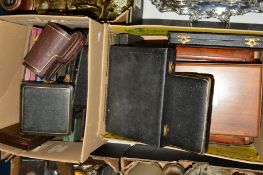 TWO BOXES OF EMPTY FLATWARE BOXES, wooden, leather, etc (2 boxes)