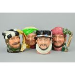 FOUR ROYAL DOULTON CHARACTER JUGS, 'Lumberjack' D6610, 'The Trapper' D6609, 'Sairey Gamp' D5451