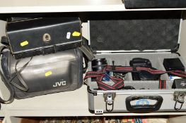 A BOX OF CAMERAS AND EQUIPMENT, including a Canon EOS600 Film SLR, an EF 28-70mm f305 lens, a