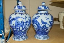 A PAIR OF MODERN ORIENTAL BLUE AND WHITE COVERED TEMPLE JARS, bird and foliage design, four blue