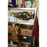 NINE BOXES AND LOOSE SUNDRY ITEMS, to include plated wares, cut glass, ceramics to include vases,