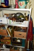 NINE BOXES AND LOOSE SUNDRY ITEMS, to include plated wares, cut glass, ceramics to include vases,