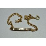 A 9CT IDENTITY BRACELET SET WITH A SMALL DIAMOND, approximate weight 6.8 grams