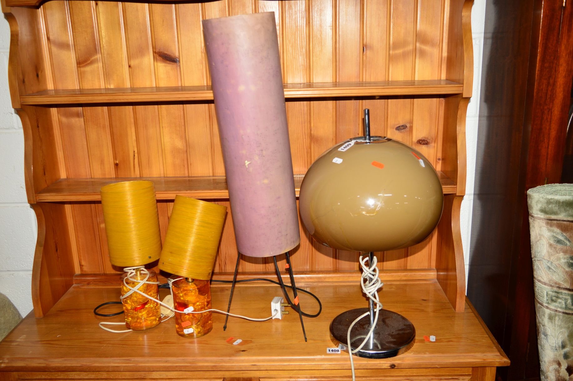 A 1960'S/70'S GUZZINI STYLE LAMP with mushroom colour shade and a sputnik style rocket lamp on a