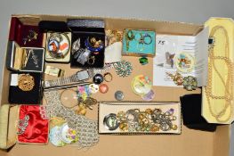 A BOX OF MAINLY COSTUME JEWELLERY, to include imitation pearl necklaces, a silver hinged Charles