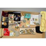 A BOX OF MAINLY COSTUME JEWELLERY, to include imitation pearl necklaces, a silver hinged Charles