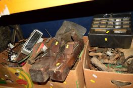 THREE BOXES OF VARIOUS VINTAGE HAND TOOLS, containing smoothing planes, drill bits, clamps etc (3)