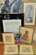 A SMALL GROUP OF PICTURES AND PRINTS etc, to include a Robert Van Eyck painting on glass, a Kent