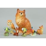 SEVEN BESWICK BIRDS AND ANIMALS to include Fox No 1748, Pheasant No767A, Blue Tit 992B (x2) Owl